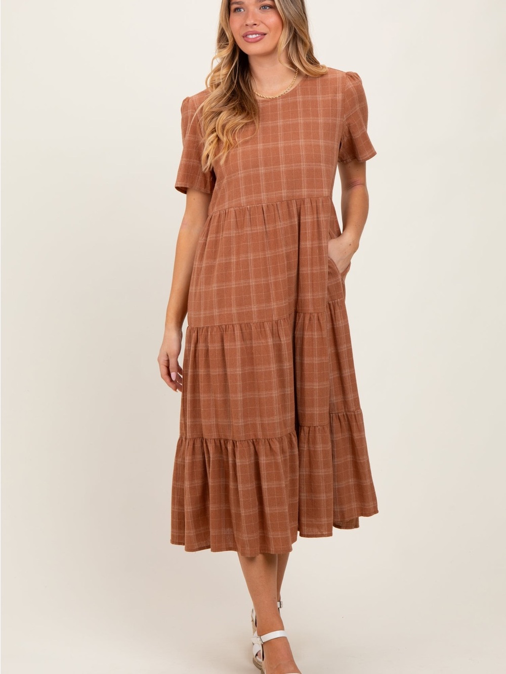 Rust Plaid Tiered Midi Dress with Short Sleeves